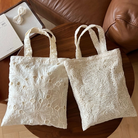 French Vintage Lace Embroidery Handbag Cotton Hollow Floral Small Tote Bag For Women Casual Daily Summer Aesthetic