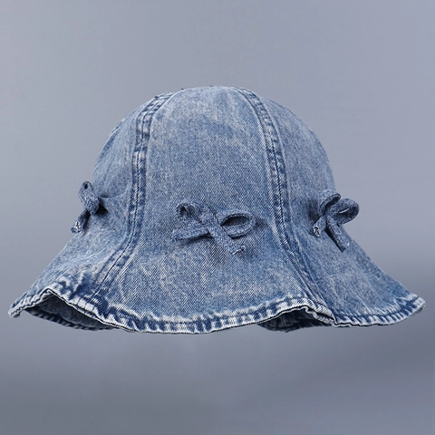 Chapeau Bob En Denim Femmes Avec Noeuds Bord Volanté Protection Solaire Pliable Style Coréen Doux Lavage Vintage Denim