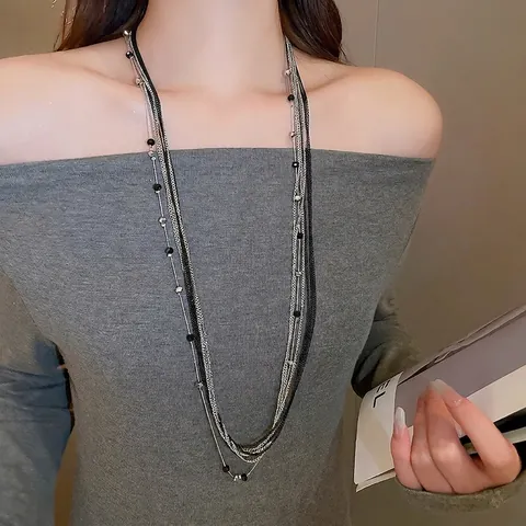 Mehrlagige Halskette Lange Pulloverkette Mit Glasperlen Kupfer Eisen Silber Schwarz Modisches Damen Accessoire