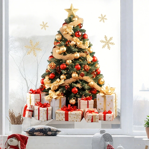 Christmas Tree Window Stickers PVC Static Cling Gift Box Snowflake Decals Festive Glass Wall Decor Home Party Layout