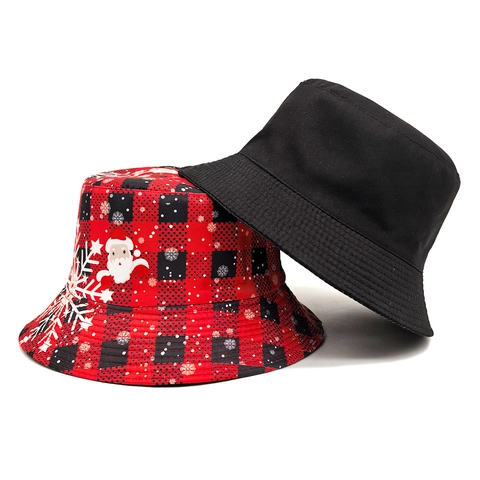 Polyester Christmas Bucket Hat For Women Men Retro Buffalo Plaid Santa Claus Snowflake Pattern Printed Foldable Sun Hat