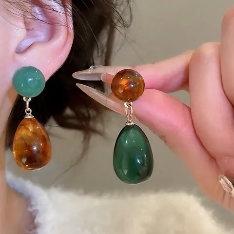 Drop Earrings With 925 Sterling Silver Earring Post Resin Asymmetric Water Drop Vintage Retro Style For Women Elegant