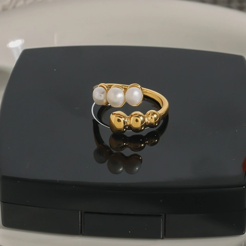 Edelstahl Künstliche Perlen Offener Ring Für Damen Verstellbar Goldperlen Fingerschmuck Minimalistische Mode Elegant
