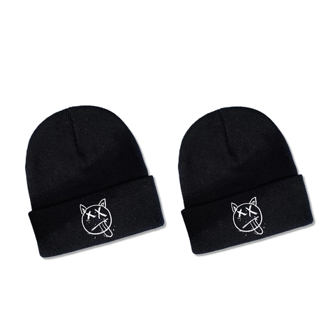 Acrylic Knitted Beanie Hat Winter Warm Cartoon Face Expression X Eyes Tongue Out Streetwear Hip Hop Folded Cuff Unisex