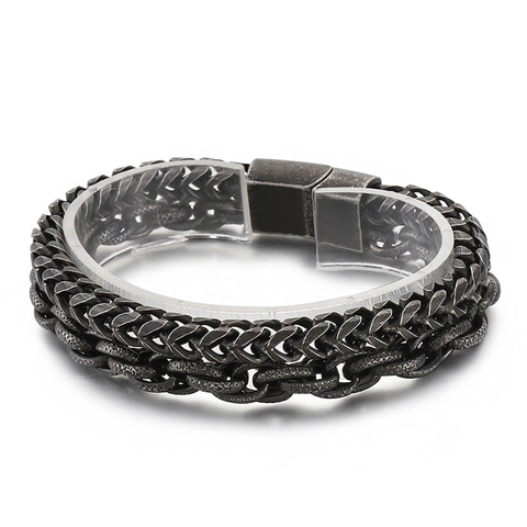 Bracciale A Catena Doppio Strato Da Uomo Vintage Punk Rock Acciaio Inossidabile 316L Finitura Invecchiata Gioielli Moda