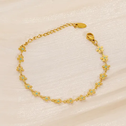 Elegant Daisy Flower Bracelet 18k Gold Plated Stainless Steel For Women Chic Adjustable Jewelry Blue Drip Oil Charm