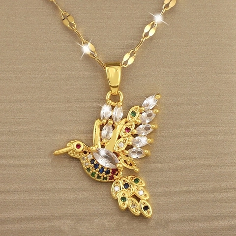 Collier Pendentif Colibri Zircone Cubique Coloré Cuivre Micro-Pavé Bijoux Pour Femmes Design De Niche Élégant