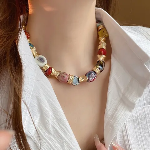 Collana Di Perle In Ceramica Etnica Retrò Per Donna Con Distanziatori In Metallo Color Oro Gioielli Colorati Fatti A Mano Con Catena Per Clavicola