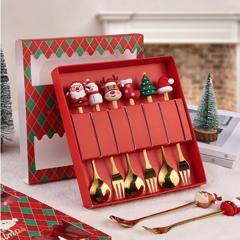 Couverts De Noël En Acier Inoxydable Cuillère Fourchette Avec Poignée En Silicone Cartoon Père Noël Bonhomme De Neige Renne Café Dessert Cadeau
