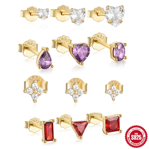 Collezione di Orecchini a Lobo in Argento Sterling 925 Con Zirconia Cuore Floreale Forme Geometriche Gioielli per Donna
