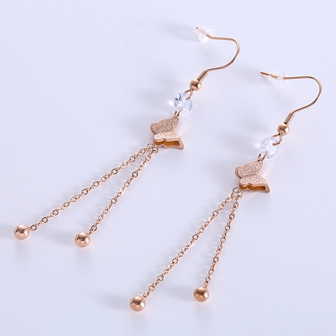 Pendientes Largos De Borla Con Mariposa Acero Inoxidable 316L Textura Esmerilada Con Perla De Cristal Sintético Joyería Mujer