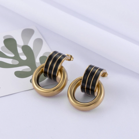 Titanium Steel Earrings Gold Plated Black Enamel Heart C Shape Geometric Tassel French Vintage Style For Women Studs
