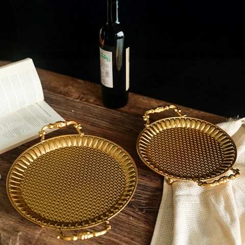 Vintage Gold Iron Decorative Tray With Handles Woven Texture For Home Living Room Desktop Retro Storage Organizer