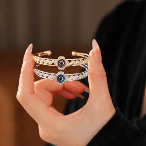 Evil Eye Flower Open Cuff Bracelet Copper Cubic Zirconia Inlay Retro Adjustable Bangle Light Luxury Jewelry For Women