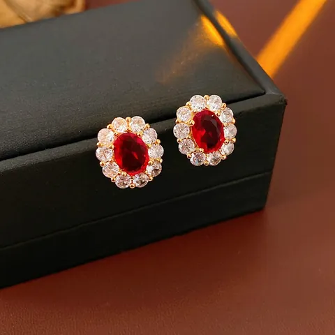 Vintage Ovalen Rode Zirkoon Halo Oorknopjes Met Zilveren Oorsteker Koper Verguld Luxe Paleisstijl Voor Dames
