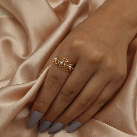 Women Open Adjustable Ring Copper Intersecting Lines Woven Design White Artificial Pearl Minimalist Elegant Vintage Jewelry