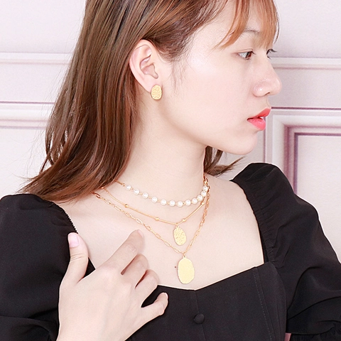 Collana A Cuore Multistrato E Orecchini Acciaio Inossidabile Perla Artificial Finta Martellato Texturizzato Gioielli Per Donne