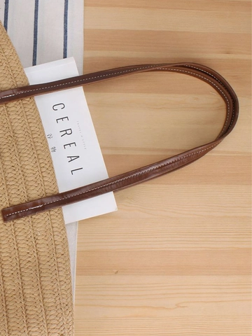 Large Woven Tote Bag Paper Rope PU Leather Patch Summer Beach Vacation Shoulder Bag For Women Simple Casual Handbag