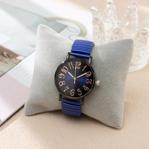 Women Fashion Quartz Watch With Elastic Metal Strap Gradient Color Dial Round Analog Ladies Wristwatch Gift For Daily Office