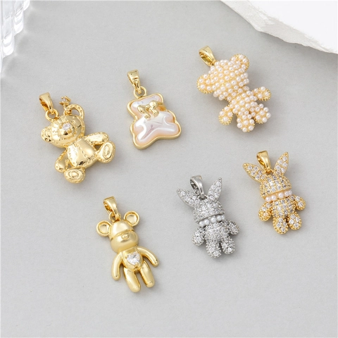 Ciondoli Orso E Coniglio Rame Placcato Oro Con Zircone E Künstliche Perle Sintetiche Accessori Per Creazione Di Gioielli DIY