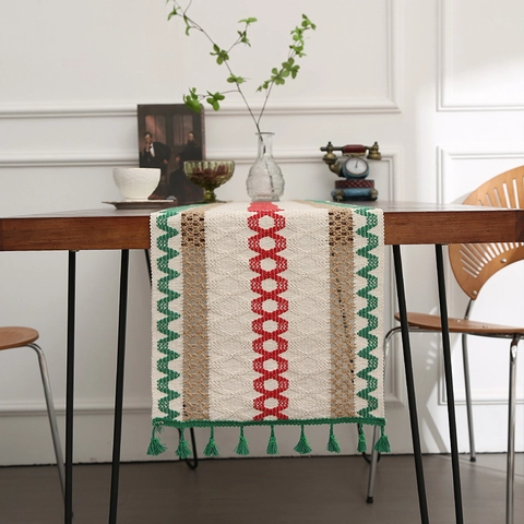 Woven Table Runner Cotton Linen And Jute Geometric Pattern With Tassels For Dining Table Bohemian Rustic Vintage Style