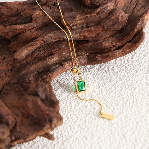 Elegant Rectangle Green Zircon Pendant Necklace Stainless Steel With Adjustable Pull Chain And Engraved Square Tag For Women