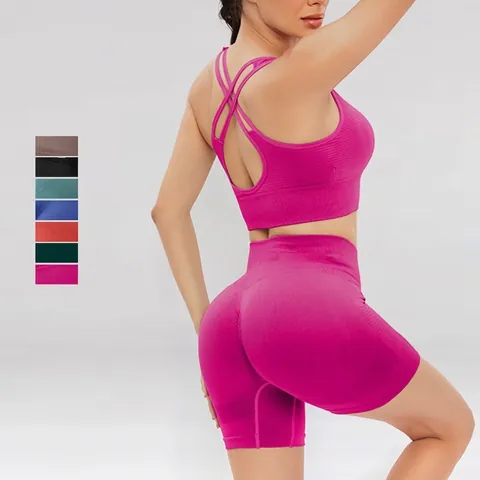 Reggiseno Sportivo A Costine Senza Cuciture E Pantaloncini A Vita Alta Yoga Workout Abbigliamento Sportivo Donna Traspirante