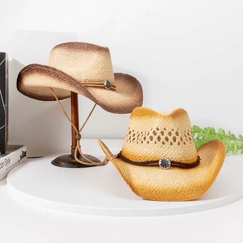 Cappello Da Cowboy In Paglia Fibra Vegetale Naturale Tesa Larga Traspirante Parasole Vintage Sfumato Cinturino Regolabile