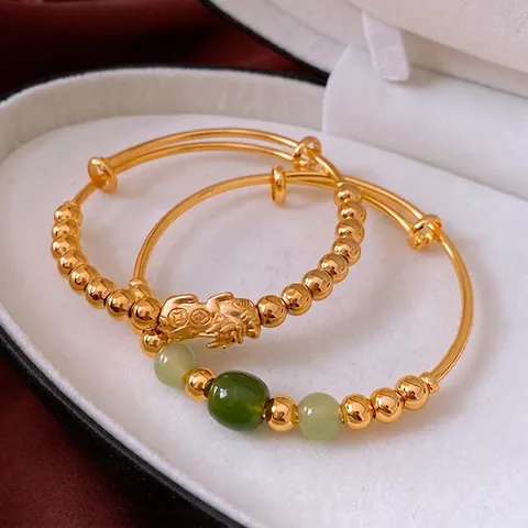 Bracelet Ajustable En Cuivre Plaqué Or 18 Carats Avec Pendentif Pixiu Et Perles De Jade Vert Bijoux De Style Chinois Pour Femmes