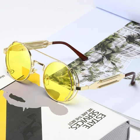 Round Steampunk Sunglasses Retro Metal Frame UV400 Protection Spring Temples Reflective Lens Gothic Industrial Style