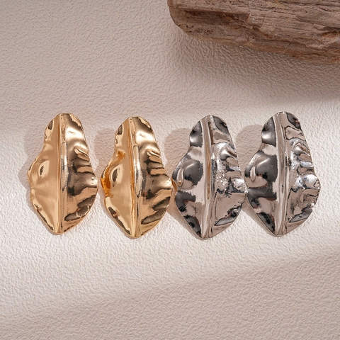 Irregular Wrinkled Leaf Stud Earrings Metallic Minimalist Niche Design Alloy Statement Jewelry With Silver Earring Post