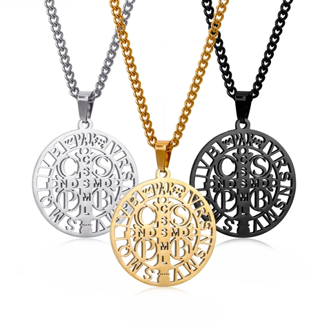 Collar Medalla San Benito Acero Inoxidable Calado Cruz Exorcismo Colgante Redondo Gótico Joyería Religiosa Hombres Mujeres