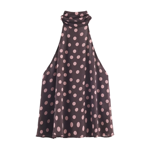 Dames Chiffon Halter Top Mouwloos Polka Dot Patroon Strik Achterkant Elegante Zomerhemdje