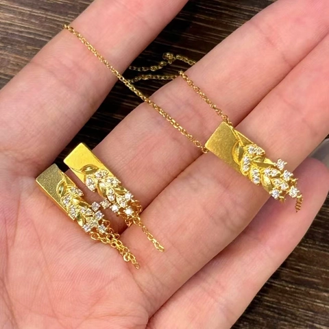 Retro Elegant Wheat Ear Leaf Tassel Necklace And Earrings With Silver Earring Post Gold Plated Copper Zircon Jewelry