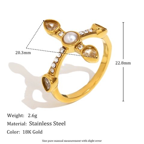 Anello Croce Acciaio Inossidabile Placcato Oro Perla Artificial Zircone Barocco Vintage Design Francese Elegante Gioielli Donne