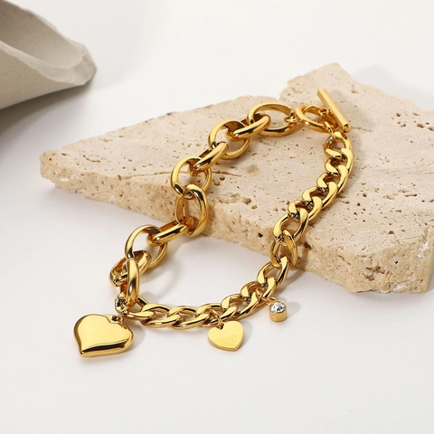 Stainless Steel Heart Rhinestone Pendant Bracelet For Women 18K Gold Plated Chain OT Buckle Ins Style Fashion Jewelry