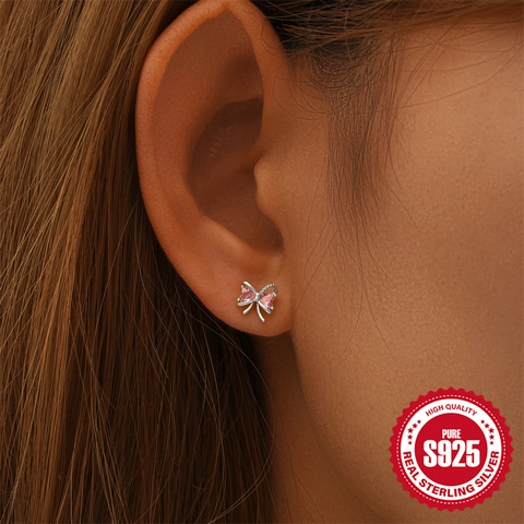 Bowknot Heart Stud Earrings With 925 Sterling Silver Earring Post Colorful Zirconia Dainty Fashion Jewelry For Women