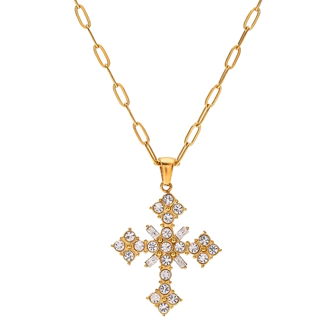 18K Gold Plated Stainless Steel White Zircon Cross Pendant Necklace Paperclip Chain Waterproof For Women