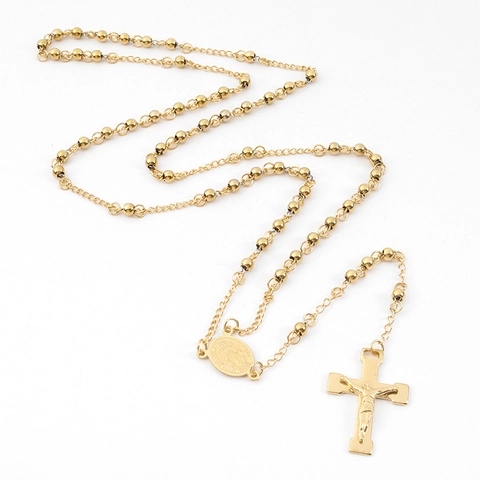 Collier Rosaire En Acier Inoxydable Pendentif Crucifix Chaîne À Billes Médaille Religieuse Bijoux Pull Long