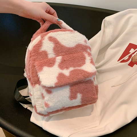 Cute Cow Pattern Plush Mini Backpack For Women Faux Fur Small Travel Daypack Fashion Animal Print Soft Fluffy School Bag