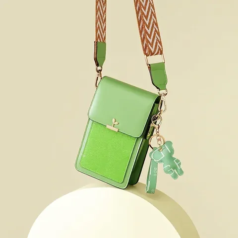 Women Mini Crossbody Mobile Phone Bag PU Leather Wide Woven Strap Leaf Buckle Bear Pendant Fashion Casual