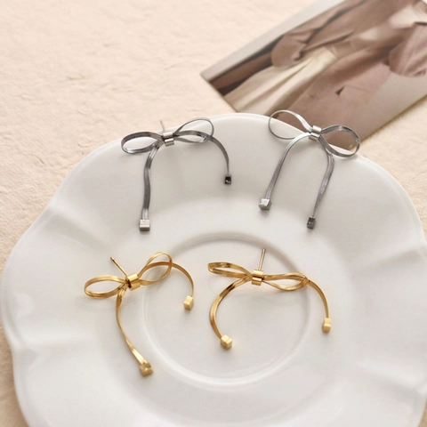 Roestvrijstalen Strik Oorbellen Dames Minimalistische Koreaanse Stijl Slangenketting Textuur Knoop Ontwerp Kubus Hanger