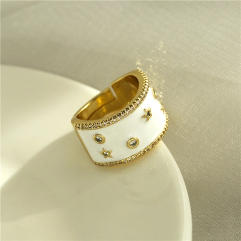 Anillo Ajustable Abierto Ancho Moda Cobre Esmalte Estrella Micro Pave Zircon Joyeria Mujeres