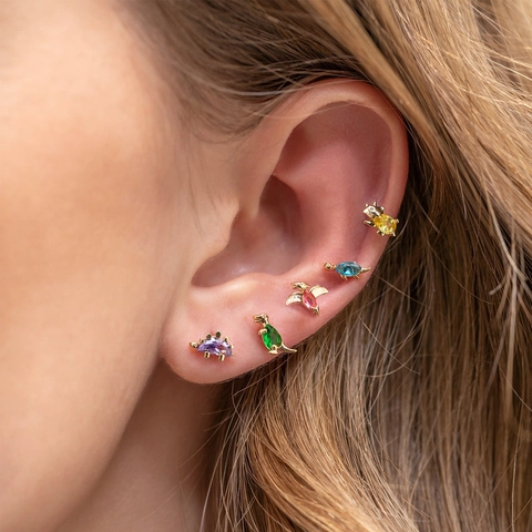 Cartoon Dinosaur Stud Earrings For Women Colorful Cubic Zirconia Animal Gold Plated Copper Cute Jewelry Gift