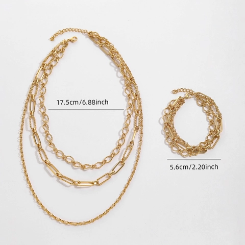 Chic Collier Et Bracelet En Acier Inoxydable Plaqué Or 18K Superposés Chaîne Trombone Pour Femmes Accessoire Bijoux Mode Minimaliste