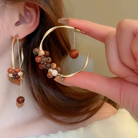 Boho C-Form Creolen Mit Holzperlen Und Legierung Retro Handgefertigter Schmuck Für Damen Silver Earring Post