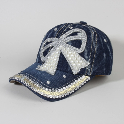 Casquette de Baseball en Denim Polyester pour Femmes Avec Strass et Perles Artificielles Nœud Étoile Cœur Motif Chapeau Pare-soleil Réglable