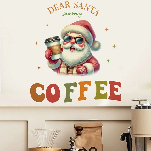 Weihnachten Wandaufkleber PVC Abnehmbar Selbstklebend Cartoon Weihnachtsmann Mit Kaffee Dekoration Feiertag Haus