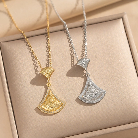 Collana Con Pendente A Ventaglio Motivo A Reticolo Acciaio Inossidabile Zircone Placcato Oro Gioielli Di Moda Per Donna
