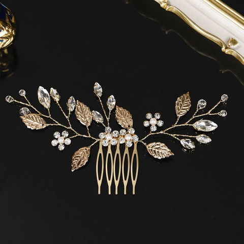 Pettine Per Capelli Da Sposa Lega Strass Perla Artificial Sintetica Foglia Fiore Retro Copricapo Da Sposa Per Donna Fatto A Mano